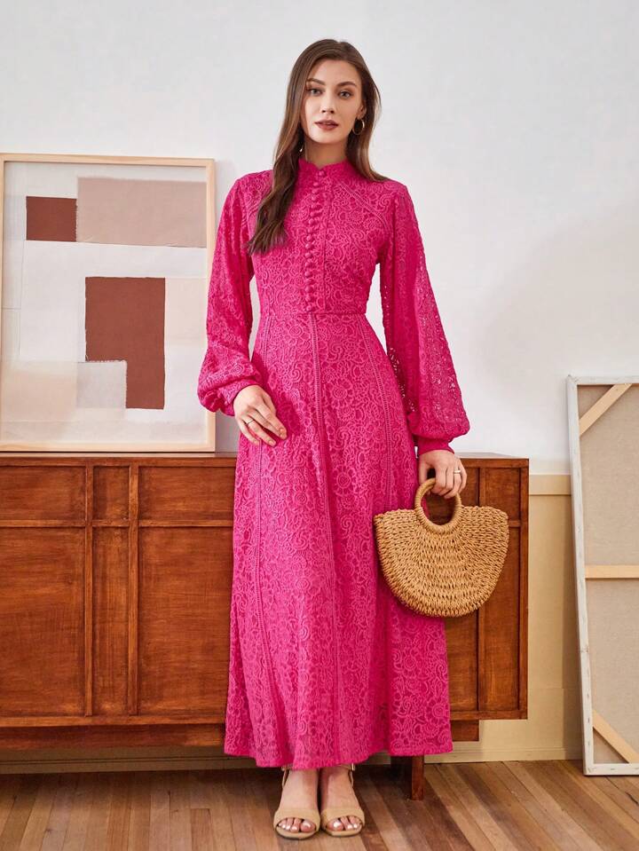 CM-DS807079 Women Elegant Seoul Style Lace Mandarin Collar Long Sleeve A-Line Dress - Hot Pink