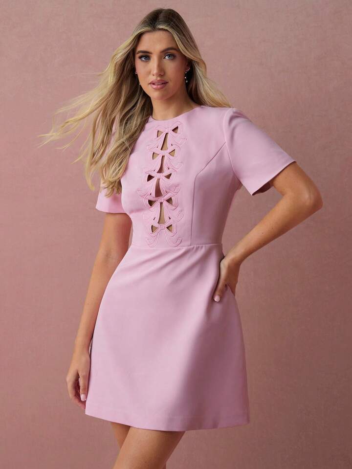 CM-DS119207 Women Elegant Seoul Style Bowknot Hollow-Out Embroidered Short Sleeves Round Neck Mini Dress - Pink