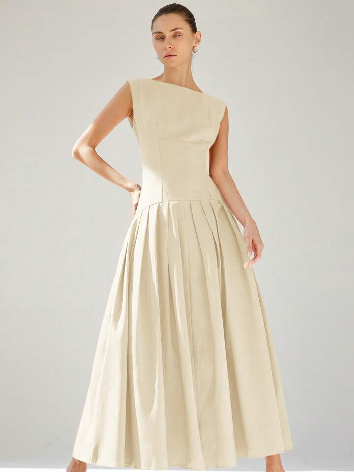 CM-DS726755 Women Elegant Seoul Style Sleeveless Cinched Waist Low Waist Pleated Ruffle Hem Long Dress - Apricot