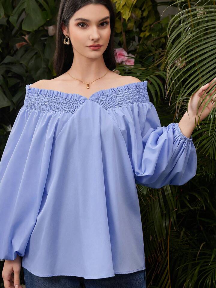 CM-TS936275 Women Casual Seoul Style Off Shoulder Lantern Sleeve Shirt - Blue