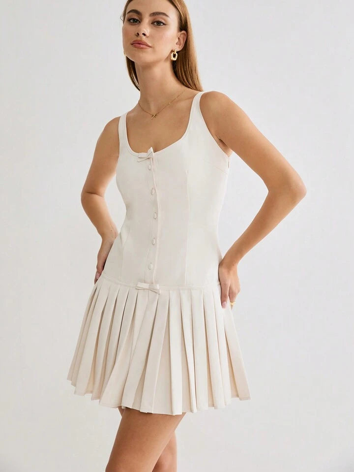 CM-DS261701 Women Casual Seoul Style Scoop Neck Bowknot Sleeveless Pleated Hem Mini Dress - Apricot