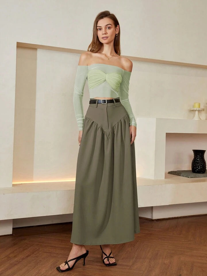CM-BS761441 Women Elegant Seoul Style Solid Color Belted Pleated Loose Skirt - Green