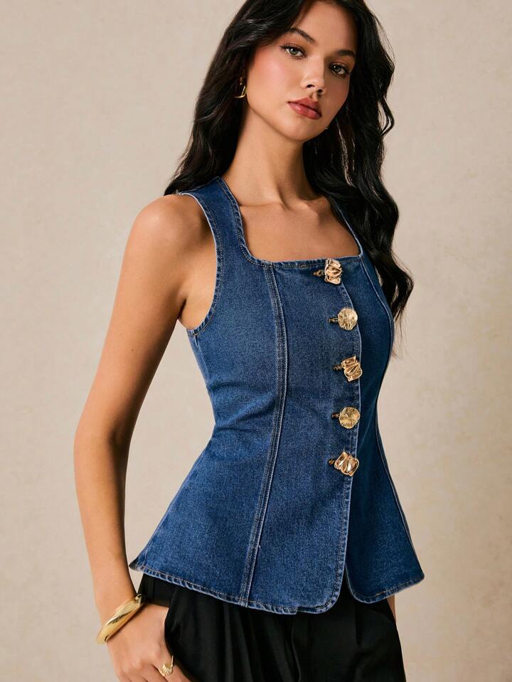 CM-TS555761 Women Casual Seoul Style Dark Wash Square Neck Sleeveless Metal Button Decoration Denim Vest