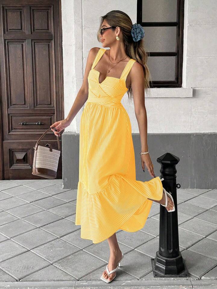CM-DS108061 Women Trendy Bohemian Style V-Neck Sleeveless Striped Criss-Cross Dress - Yellow