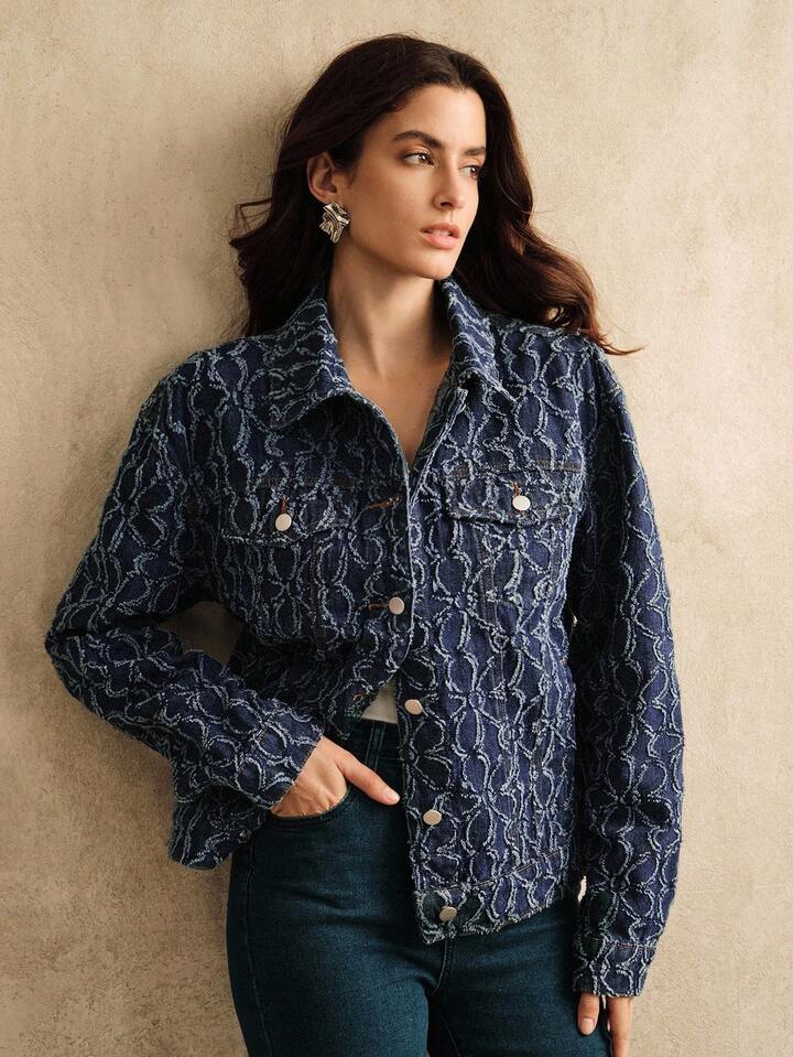 CM-CS134419 Women Casual Seoul Style Collar Neckline Long Sleeve Jacquard Denim Jacket - Blue