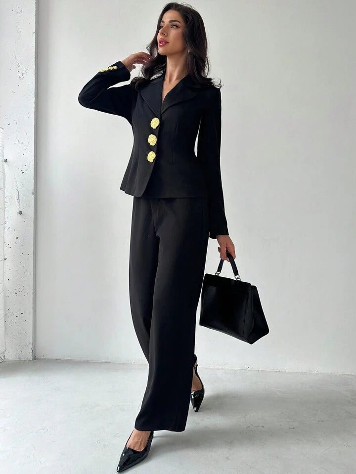 CM-SS144491 Women Elegant Seoul Style Lapel Neckline Front Button Long Sleeve Blouse With Long Pants Suit - Black