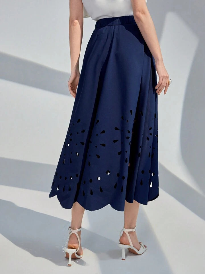 CM-BS662426 Women Elegant Seoul Style Solid Color Hollow Out Fashion Midi Skirt - Navy Blue