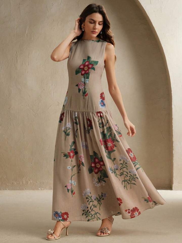 CM-DS855624 Women Elegant Seoul Style Floral Print Stand Collar Sleeveless Low Waist Swing Long Dress