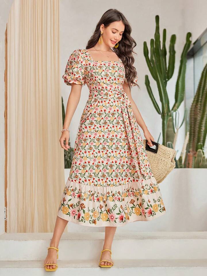 CM-DS701592 Women Trendy Bohemian Style Floral Print Square Neck Puff Sleeve Dress
