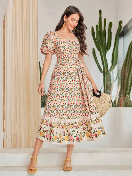 CM-DS701592 Women Trendy Bohemian Style Floral Print Square Neck Puff Sleeve Dress
