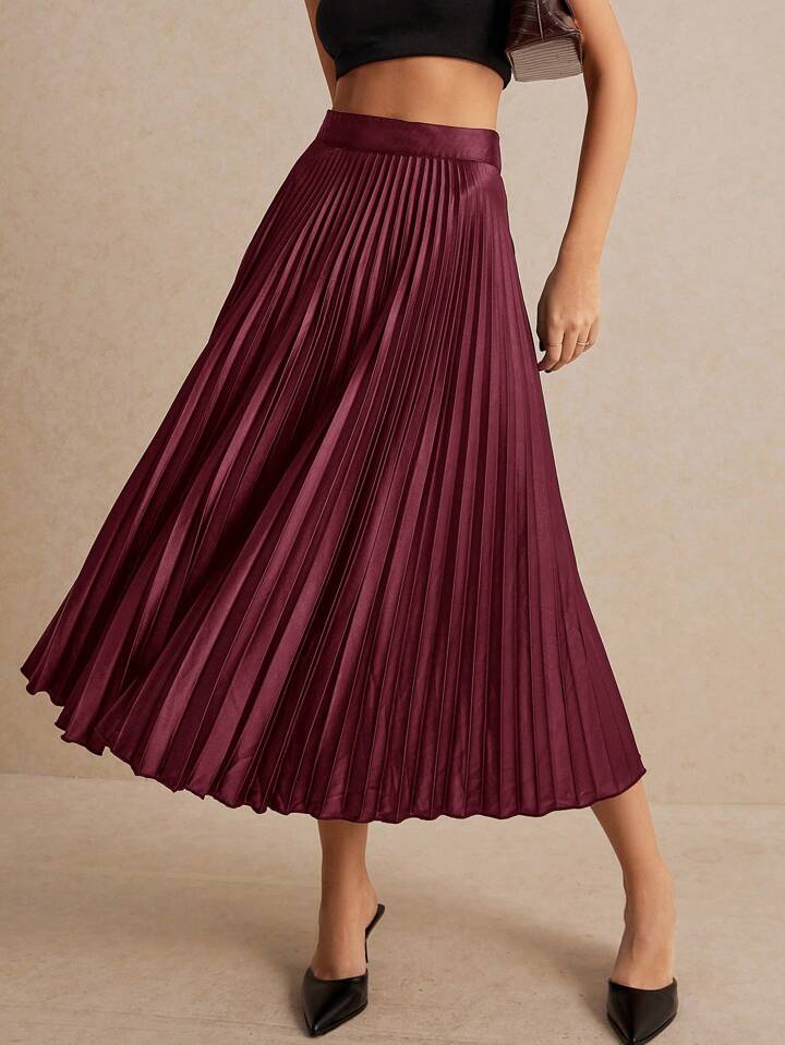 CM-BS018238 Women Elegant Seoul Style High Waist Solid Pleated Skirt - Burgundy