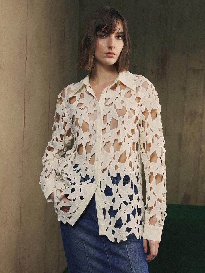 CM-TS750320 Women Elegant Seoul Style Floral Hollow Slightly Dropped Shoulder H-Shaped Patchwork Long-Sleeve Blouse
