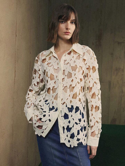 CM-TS750320 Women Elegant Seoul Style Floral Hollow Slightly Dropped Shoulder H-Shaped Patchwork Long-Sleeve Blouse