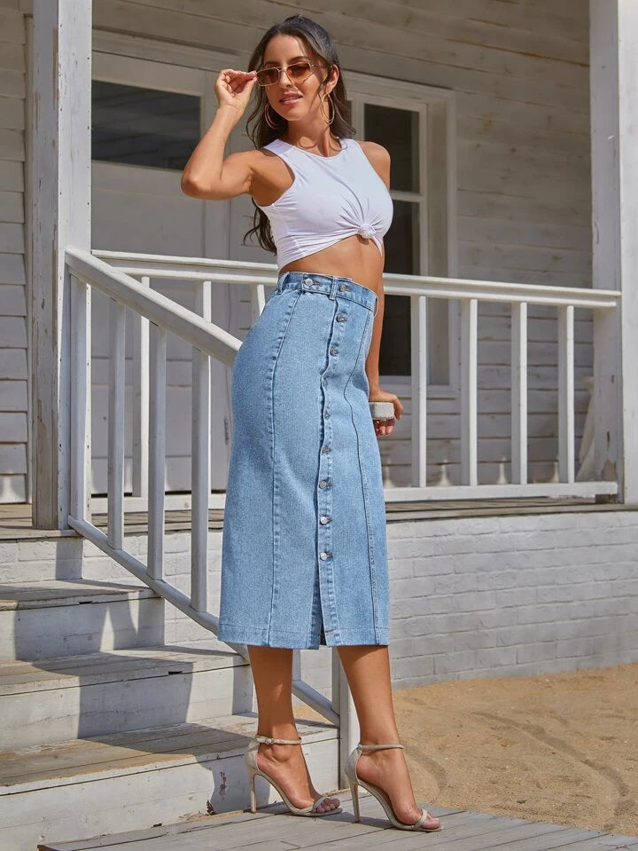 CM-BS609193 Women Casual Seoul Style Medium Wash Solid Button Front Denim Skirt
