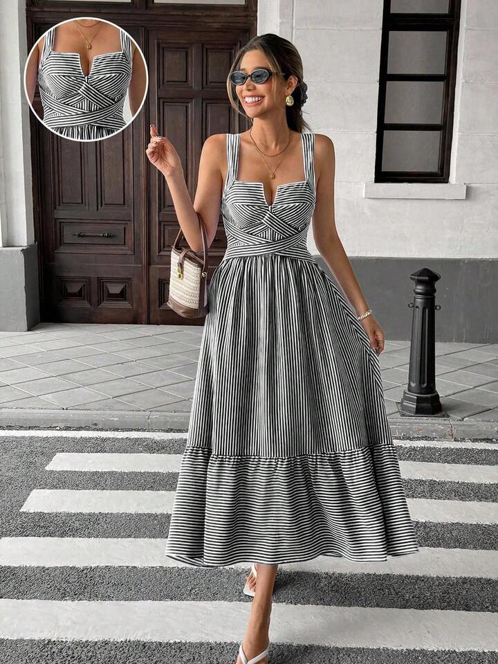 CM-DS395983 Women Trendy Bohemian Style V-Neck Sleeveless Striped Criss-Cross Dress - Black