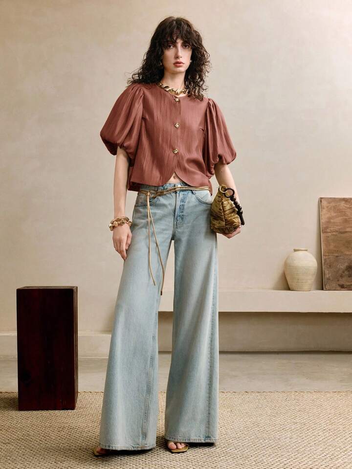 CM-TS081754 Women Elegant Seoul Style Satin Round Neck Puff Sleeve Golden Metal Button Decor Blouse - Maroon