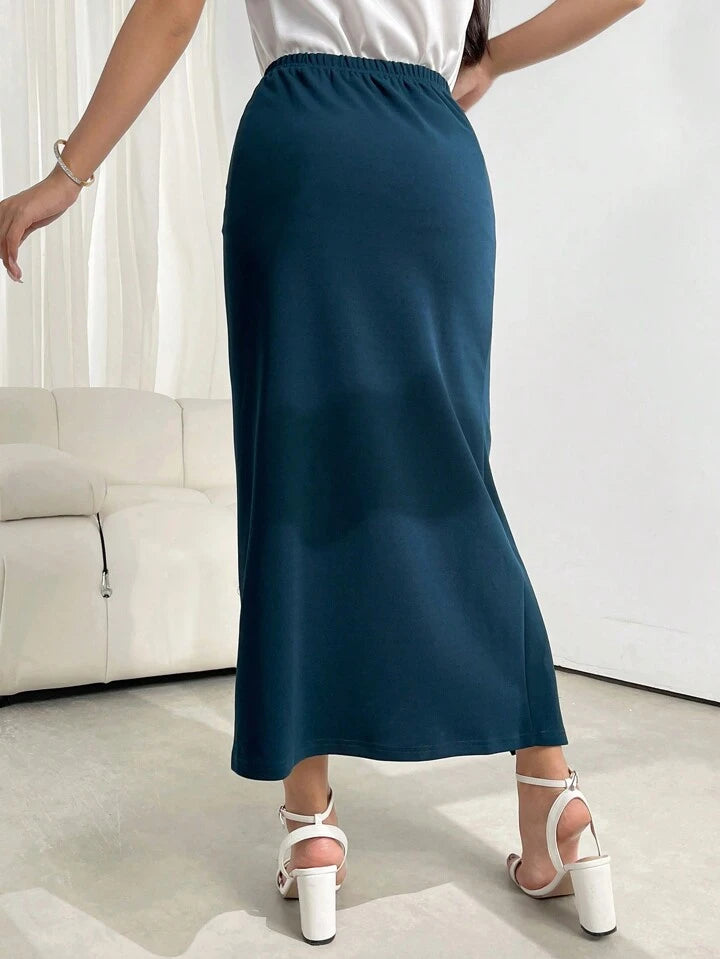 CM-BS859211 Women Casual Seoul Style Twist Front Wrap Hem Solid Maxi Skirt