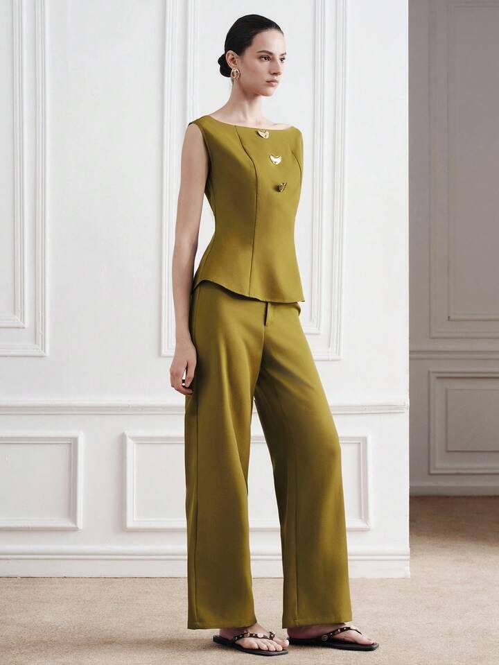CM-SS271644 Women Elegant Seoul Style Boat Neck Metal Buckle Sleeveless Crop Top With Straight Leg Flare Pants - Set
