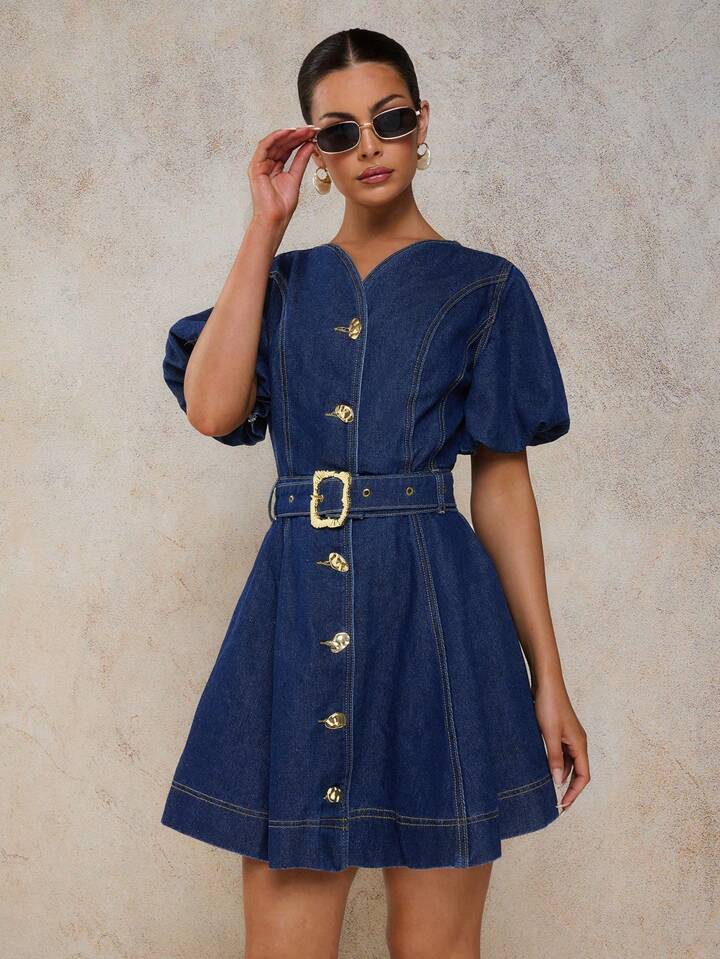 CM-DS515811 Women Casual Seoul Style V-Neck Puff Sleeve Ruched Waist A-Line Denim Dress - Blue