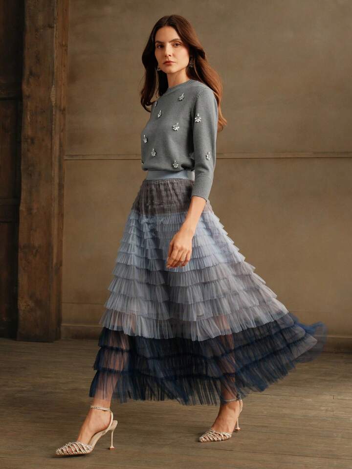CM-BS752533 Women Elegant Seoul Style High Waist Gradient Mesh Contrast Cake Tulle Skirt - Blue