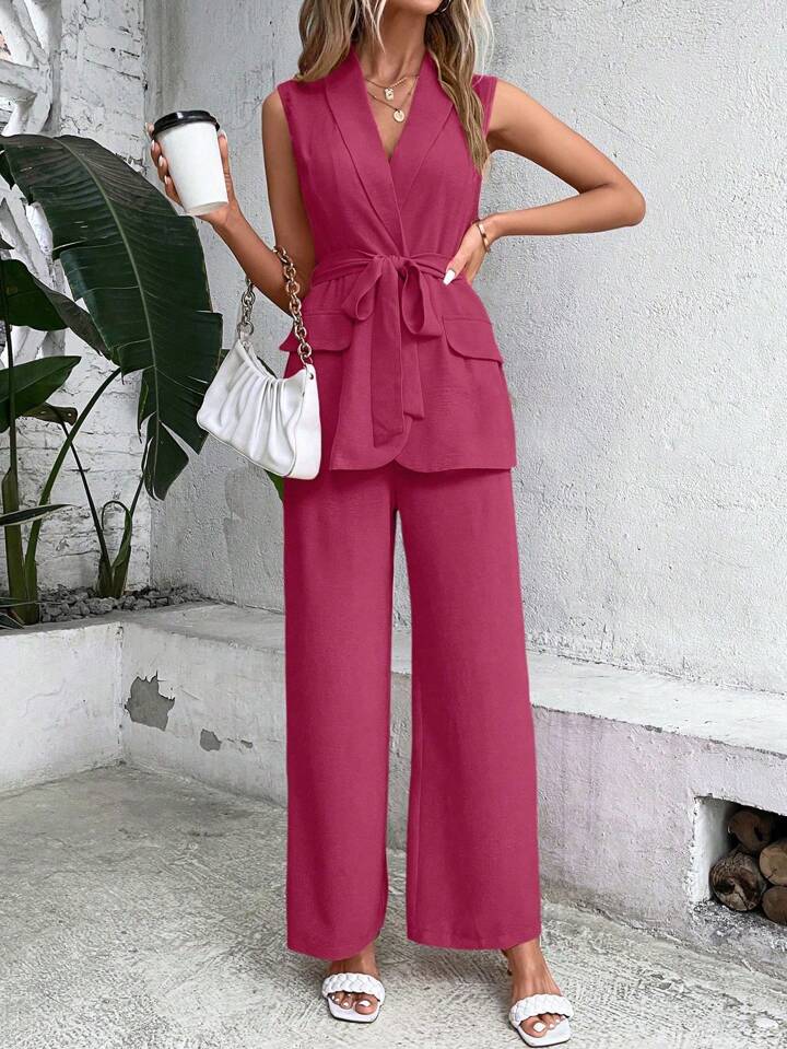 CM-SS889299 Women Elegant Seoul Style Shawl Collar Waistband Suit Vest With Wide Leg Pants - Set