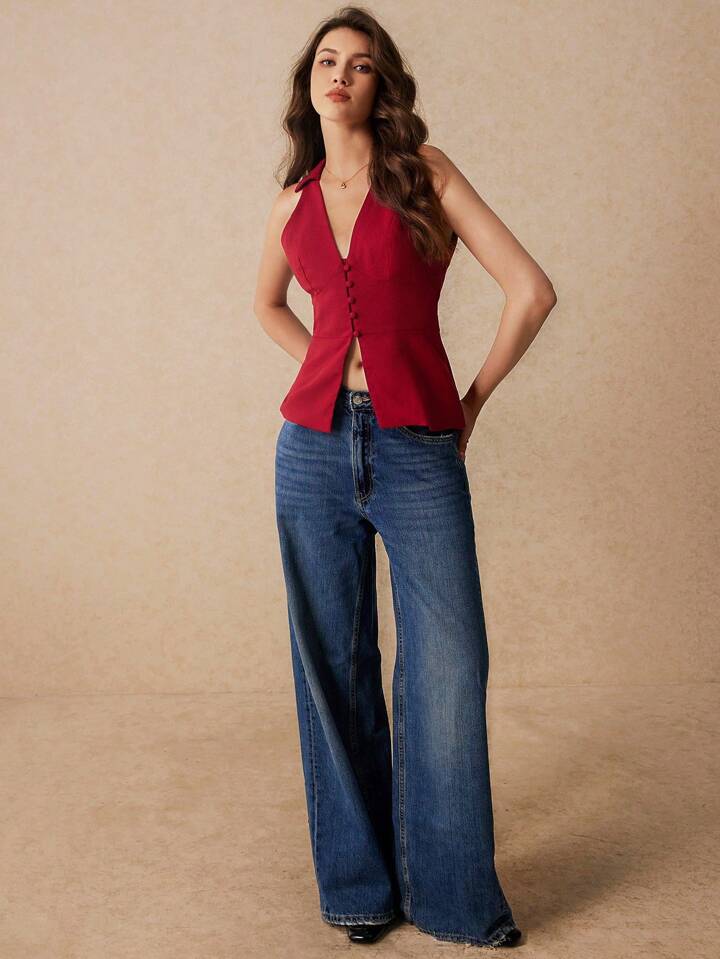 CM-TS431937 Women Casual Seoul Style V-Neck Sleeveless Buttoned Slits Shirt - Rose Red