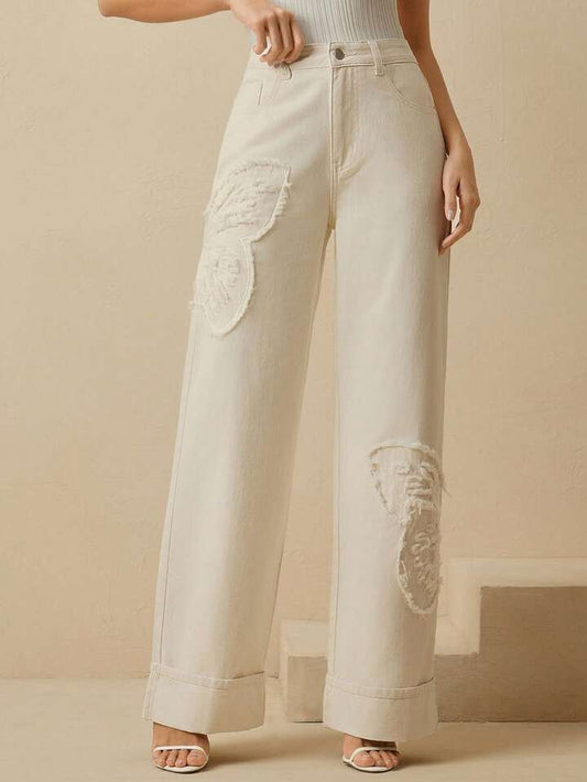 CM-BS822212 Women Casual Seoul Style Mid Waist Embroidered Straight Leg Jeans - Apricot