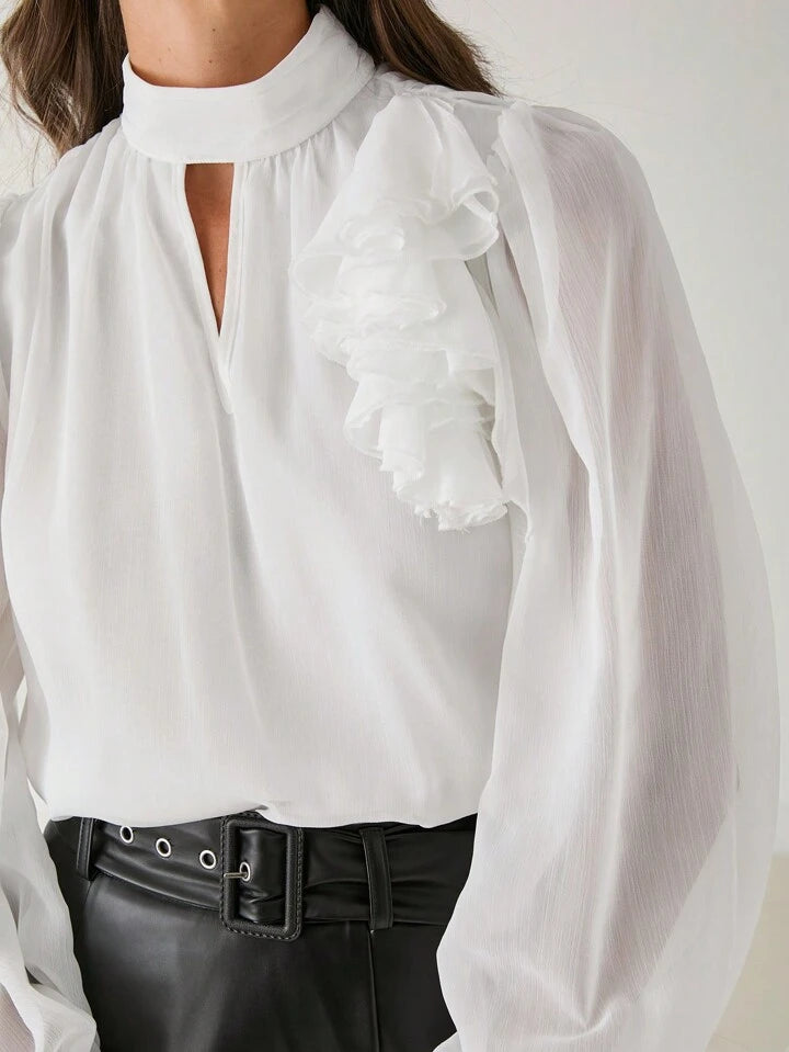 CM-TS119112 Women Elegant Seoul Style Stand Collar Long Sleeve Ruffle Trim 3D Floral Blouse - White