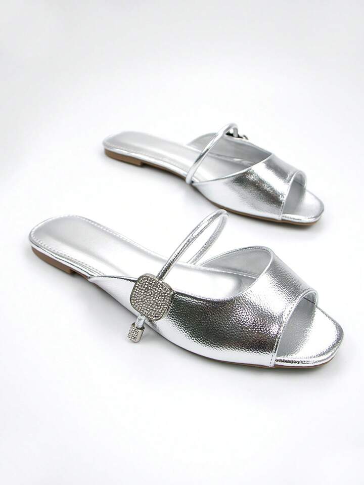 CM-SHS715565 Women Trendy Seoul Style Silver Crystal Embellished Ankle Strap Open Toe Flat Mule Sandals - Silver