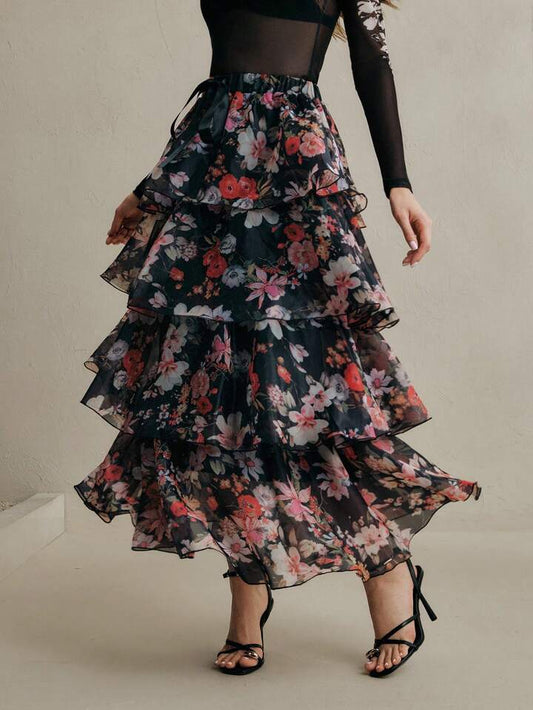 CM-BS613523 Women Elegant Seoul Style Mid Waist Floral Tie-Up Layered Cake Maxi Skirt