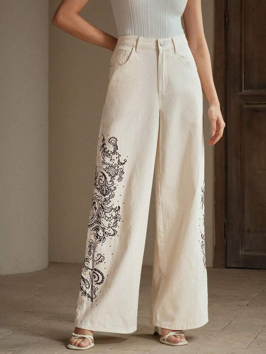 CM-BS152436 Women Elegant Seoul Style Mid Waist Embroidery Rhinestone Decor Straight Leg Jeans - Beige