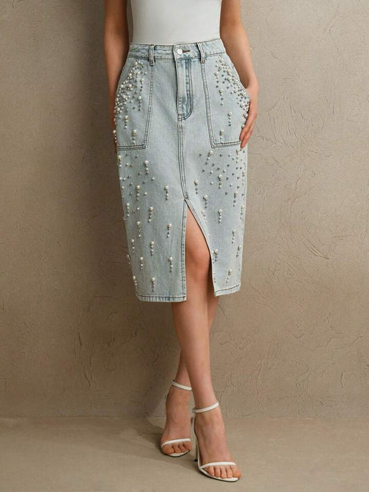 CM-BS676009 Women Elegant Seoul Style Light Wash Beaded Embellished Fitted Midi Denim Skirt