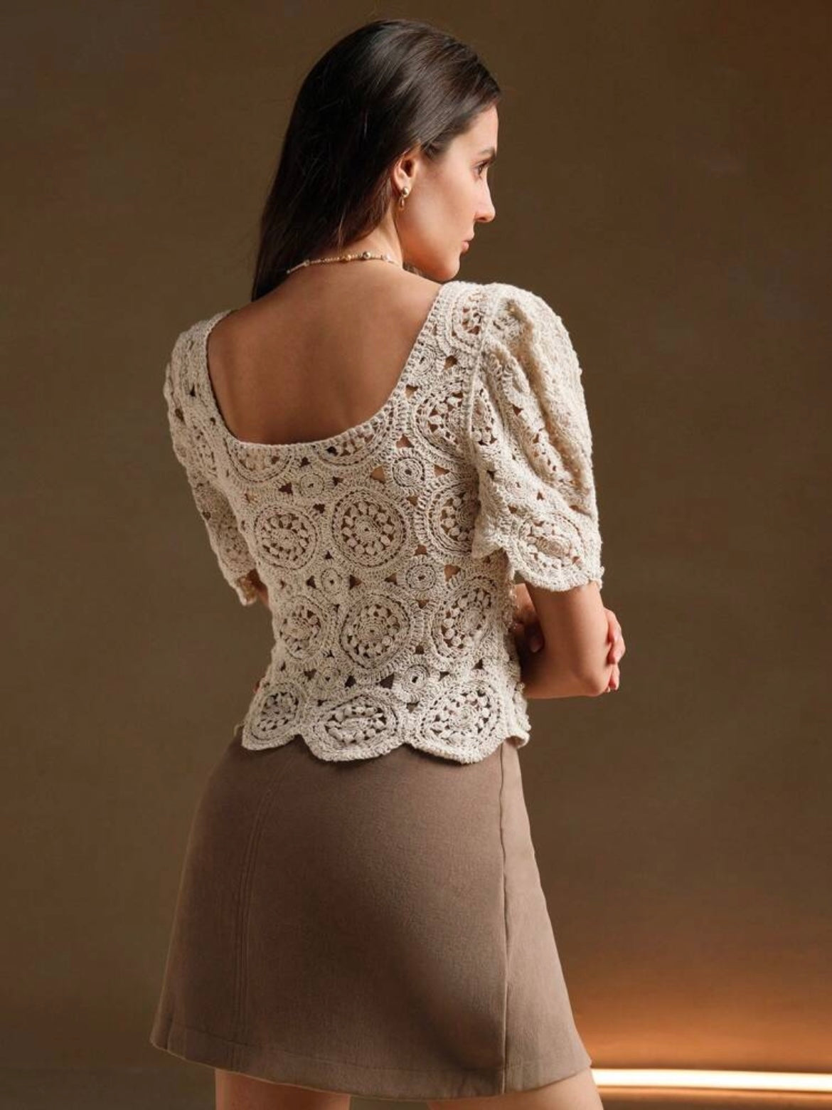 CM-TS880790 Women Casual Seoul Style Crochet Hollow-Out Balloon Sleeve Beaded T-Shirt - Apricot