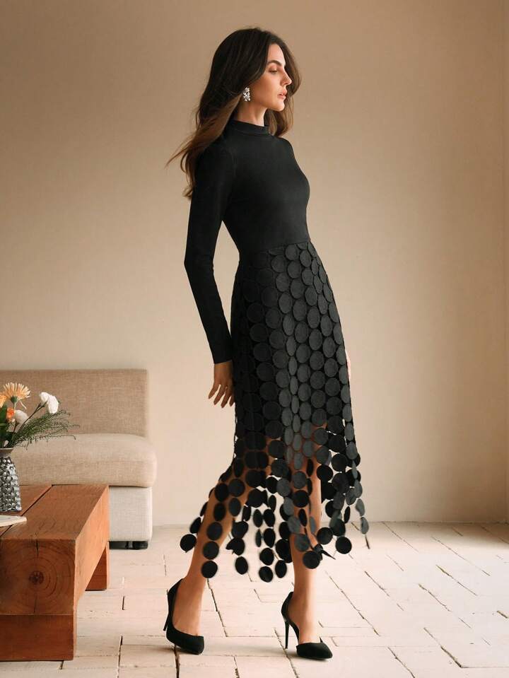 CM-DS309319 Women Elegant Seoul Style High Neck Lace Trim Long Sleeve Knit Dress - Black
