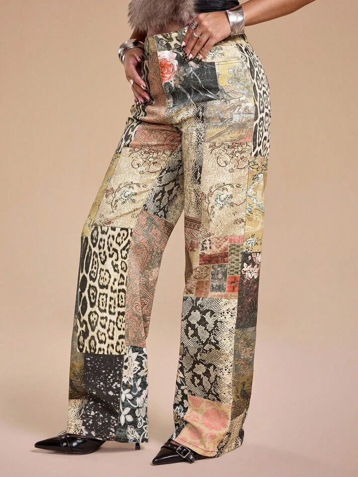 CM-BS879937 Women Casual Seoul Style Hippie Pattern Slim Straight Leg Ultra Low Waist Jeans