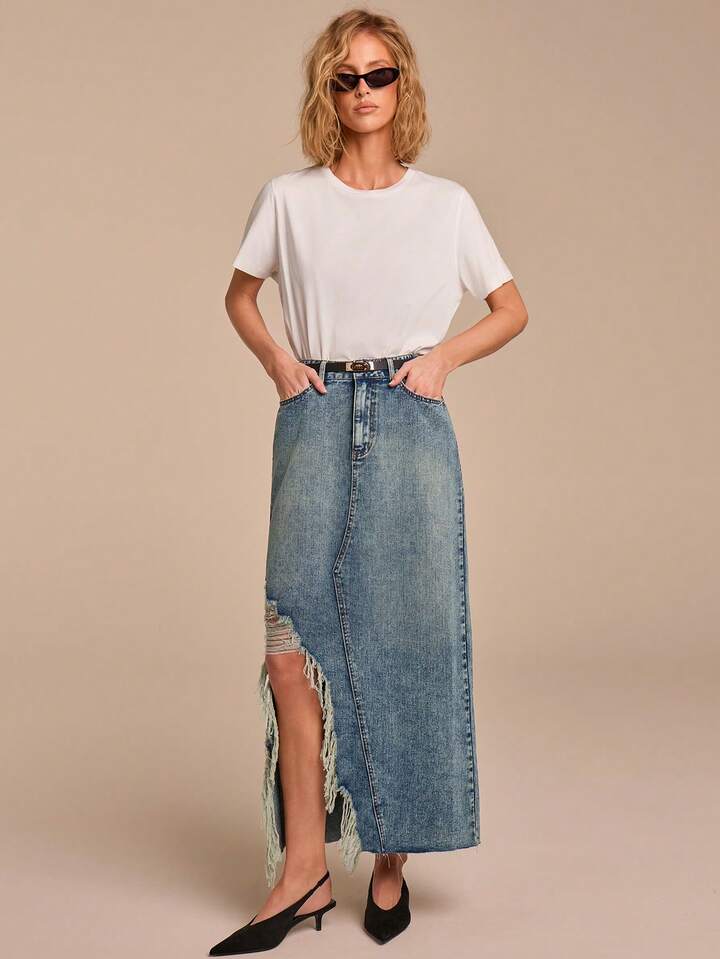 CM-BS347174 Women Casual Seoul Style Medium Wash High Waist Asymmetrical Hem Frayed Long Denim Skirt
