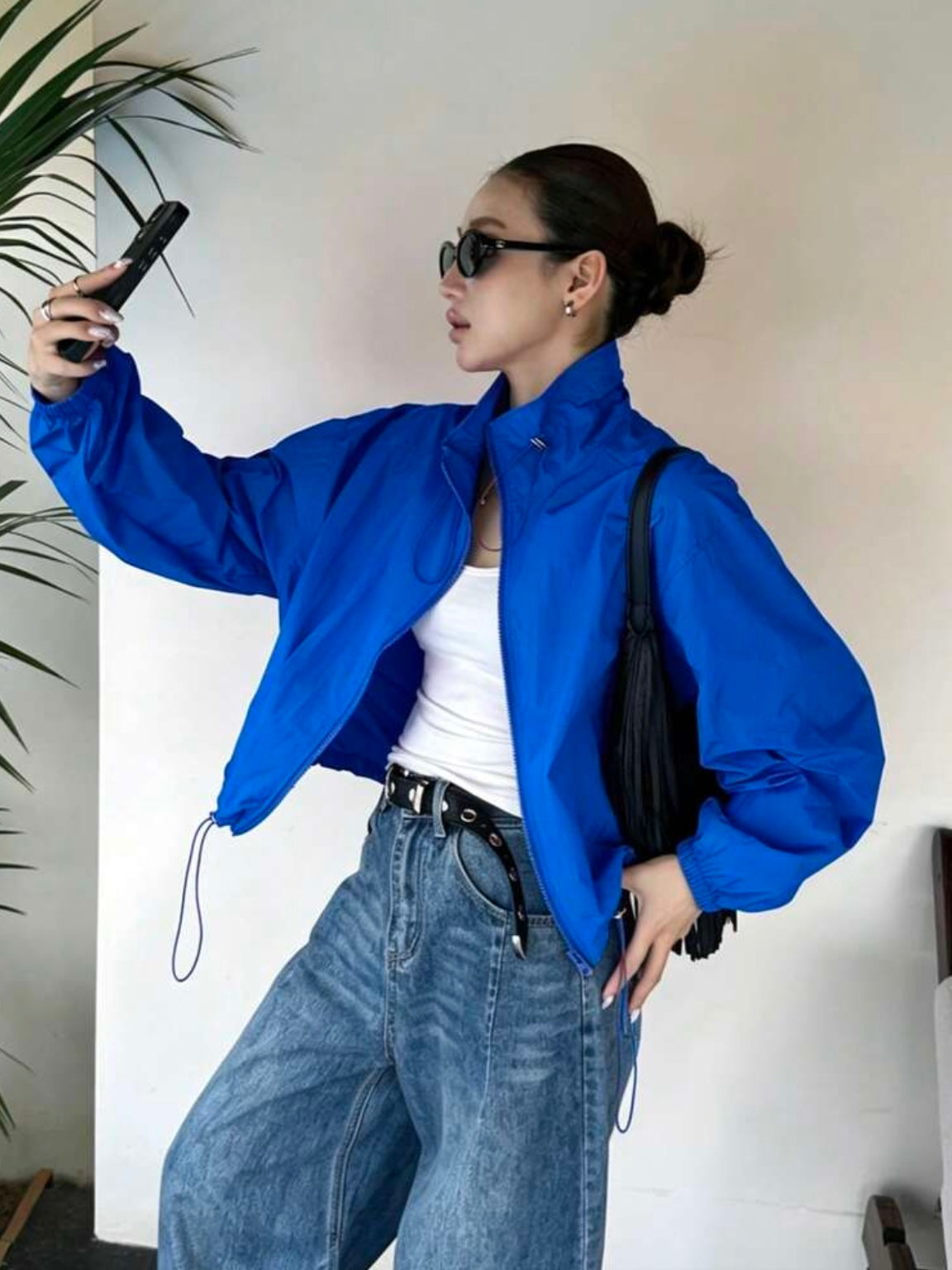 CM-CS788067 Women Casual Seoul Style Drawstring Collar Loose Fit Short Lightweight Jacket - Blue