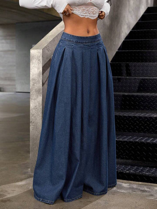 CM-BS419981 Women Casual Seoul Style Low Waist Extra Long Loose Denim Skirt - Blue