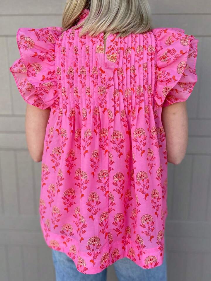 CM-TS835595 Women Trendy Bohemian Style Floral Print Fly Sleeves Ruffled High Neck Blouse - Pink