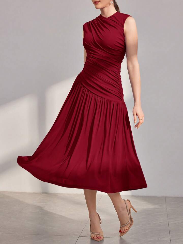 CM-DS858894 Women Elegant Seoul Style Stand Collar Pleated Sleeveless Dress - Burgundy