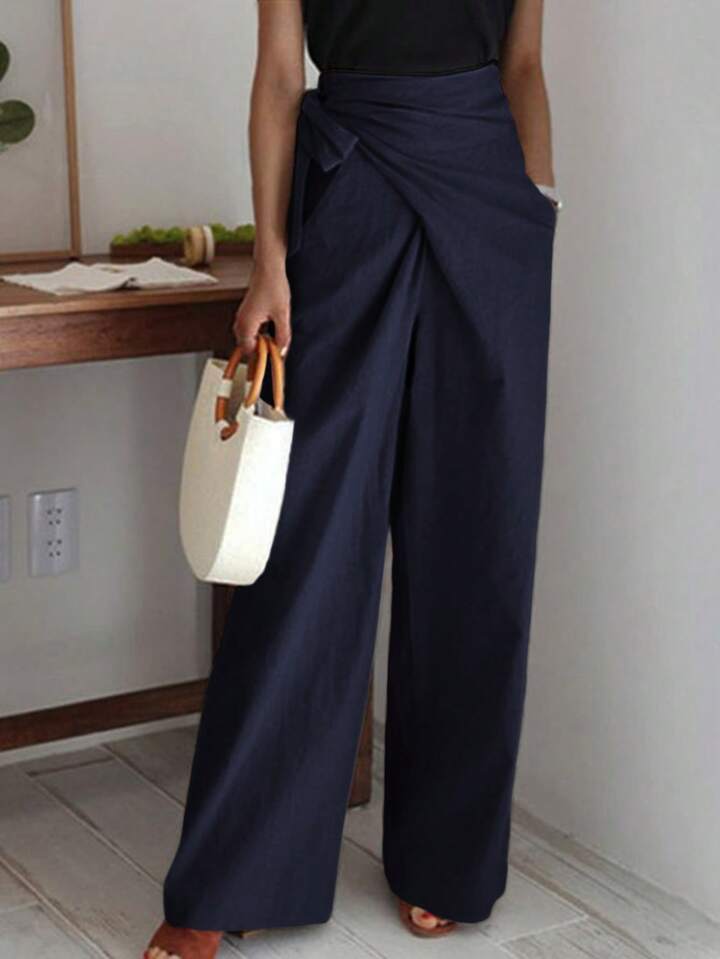 CM-BS776837 Women Casual Seoul Style High Waist Linen-Like Tie Waist Wide Leg Pants - Navy Blue