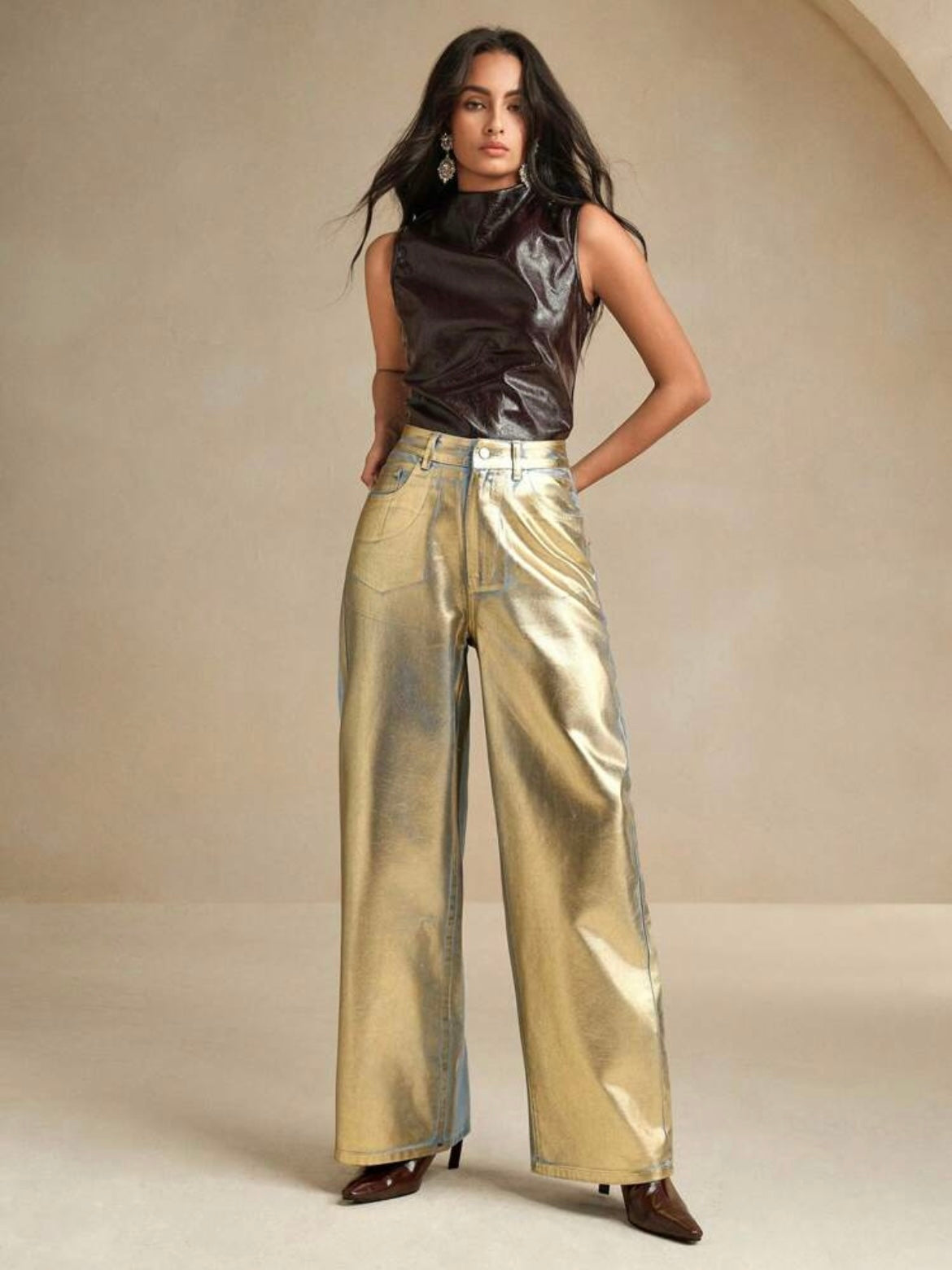 CM-BS820399 Women Elegant Seoul Style Metallic Patchwork Loose High Waist Straight Leg Jeans - Blue