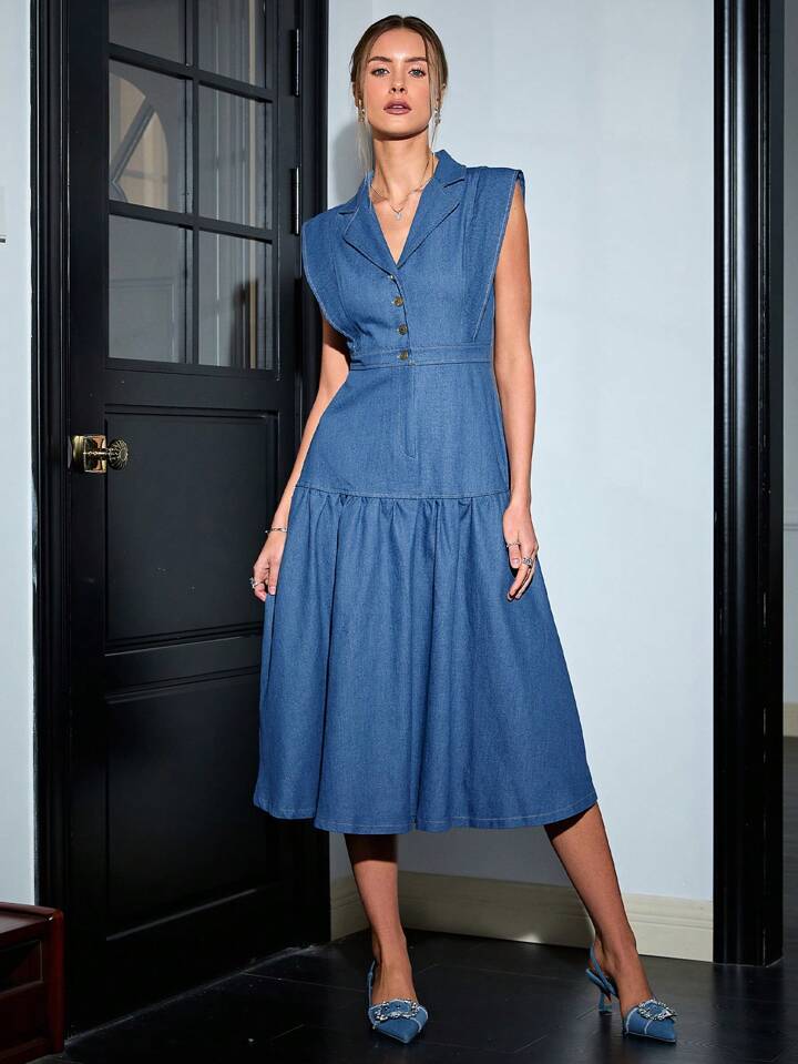 CM-DS599743 Women Elegant Seoul Style Lapel Neckline Sleeveless Midi Dress - Blue