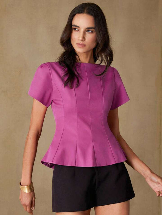 CM-TS315124 Women Elegant Seoul Style Round Neck Short Sleeve Cinched Waist Top - Hot Pink