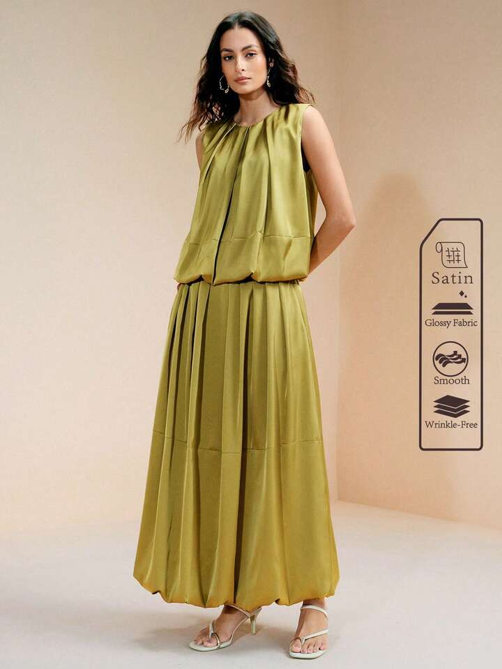 CM-SS530092 Women Elegant Seoul Style Round Neck Pleated Sleeveless Top With High Waist Peplum Skirt - Set