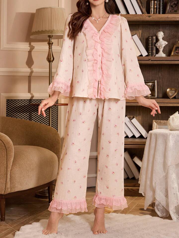 CM-LS414420 Women Trendy Seoul Style Contrast Color Lace Front Button Floral Pajama Set
