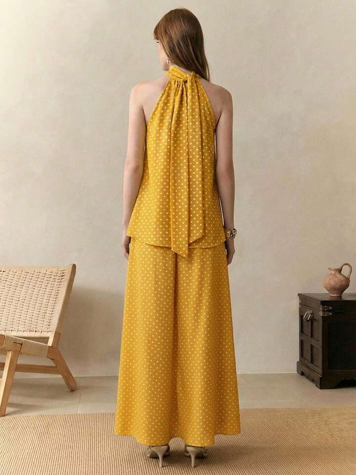 CM-SS174690 Women Trendy Bohemian Style Chiffon Polka Dot Print Sleeveless Halter Neck Top With Skirt - Set
