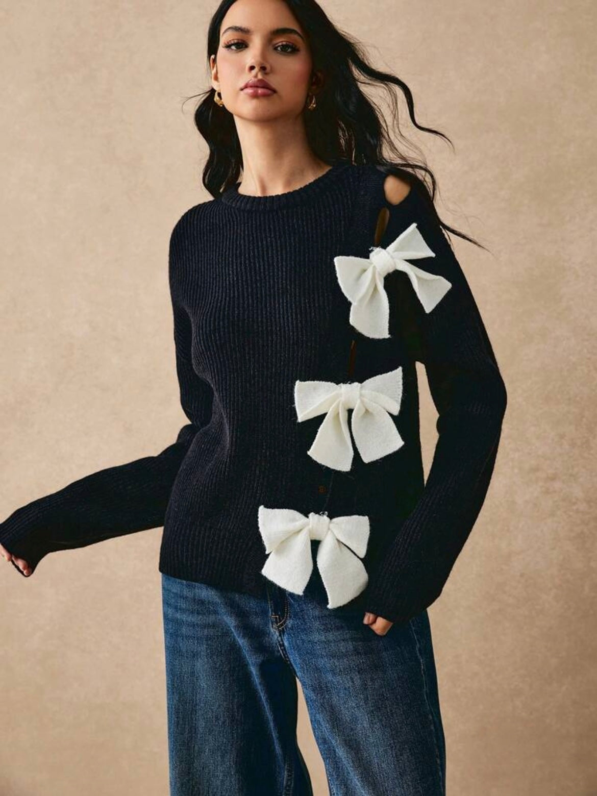 CM-CS928811 Women Casual Seoul Style Round Neck Bow Embellished Long Sleeve Sweater - Black