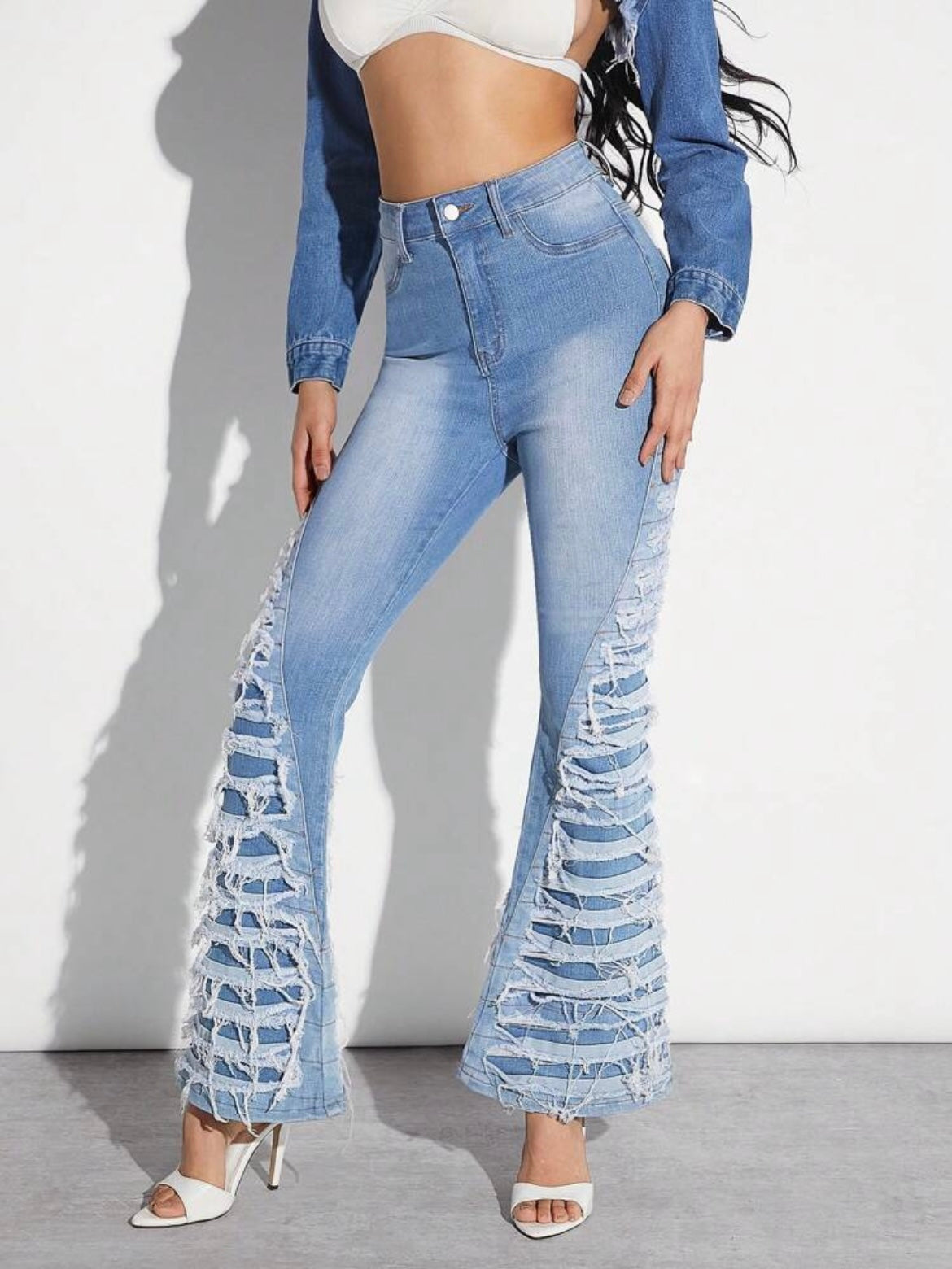 CM-BS802817 Women Casual Seoul Style Medium Wash Ripped Layered Panel Flare Leg Jeans