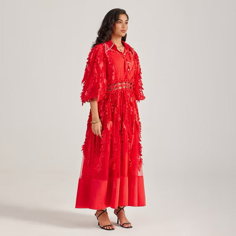 CM-DY055505 Women Elegant European Style Collar Rhinestone Neckline Half Sleeve Hollow Out Long Dress - Red